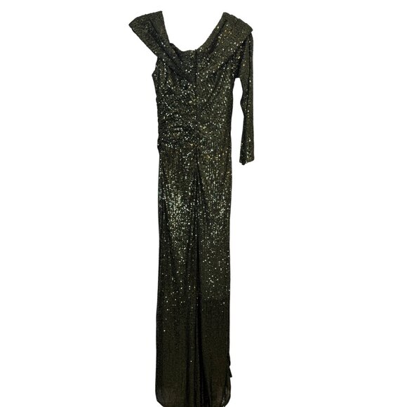 leena For Mac Duggal Size 2 Sequined Olive Green Long Sleeve Gown Draped Collar - Picture 10 of 16